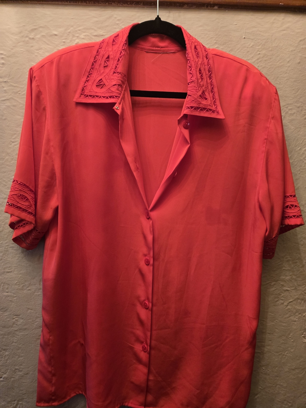 Vintage Red Cutout Collar Shoulder Pad Blouse Women’s 80s Secretary Statement - Picture 4 of 7